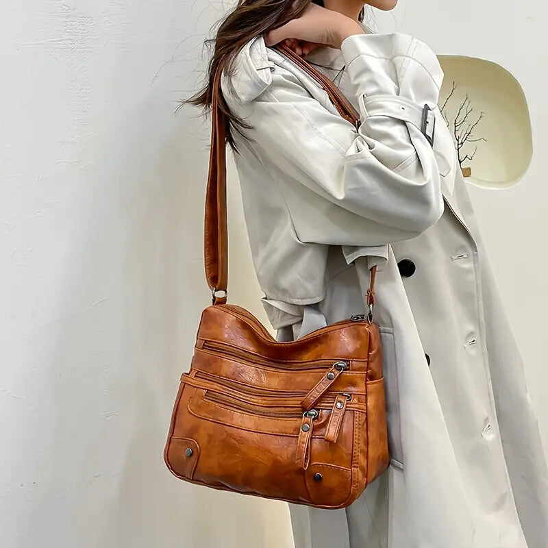 Women Shoulder Bag Large Capacity Washed Leather Messenger Bags Multi Zipper.