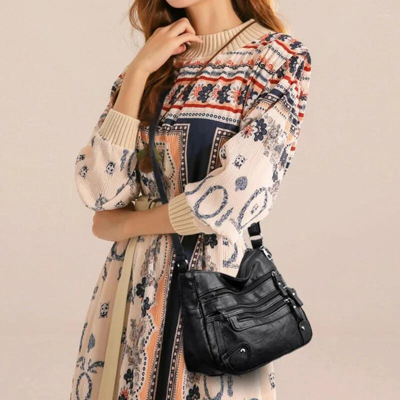 Women Shoulder Bag Large Capacity Washed Leather Messenger Bags Multi Zipper.