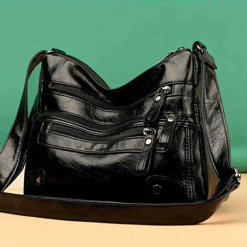 Women Shoulder Bag Large Capacity Washed Leather Messenger Bags Multi Zipper.