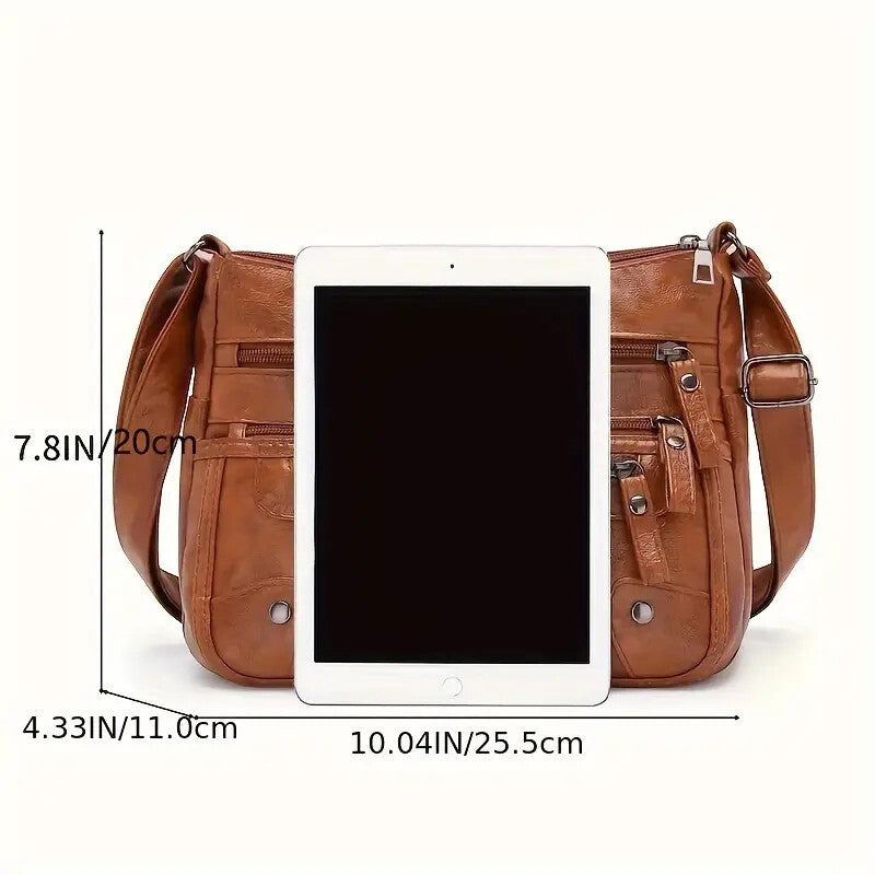 Women Shoulder Bag Large Capacity Washed Leather Messenger Bags Multi Zipper.