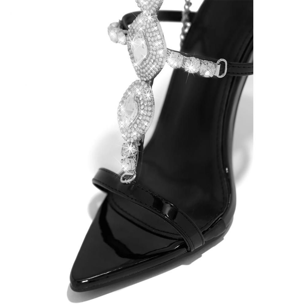 Fashionable Golden Rhinestone Gem Stiletto Sandals Toe High Heels.