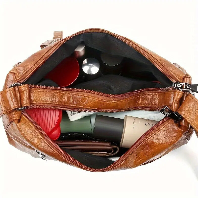 Women Shoulder Bag Large Capacity Washed Leather Messenger Bags Multi Zipper.