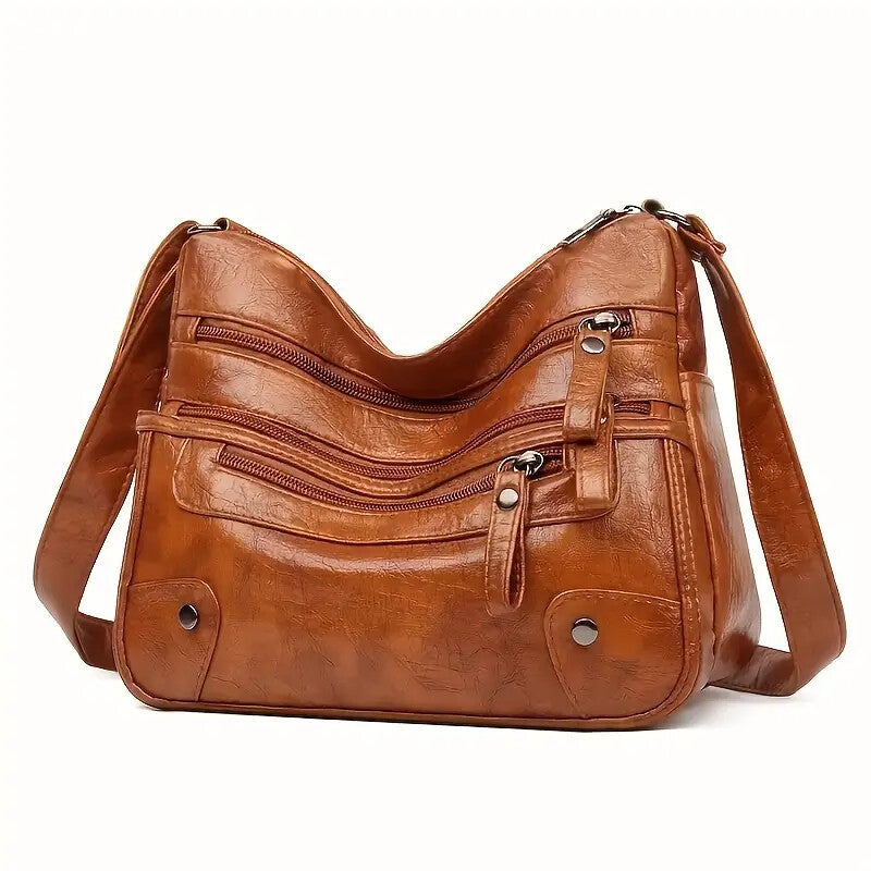 Women Shoulder Bag Large Capacity Washed Leather Messenger Bags Multi Zipper.