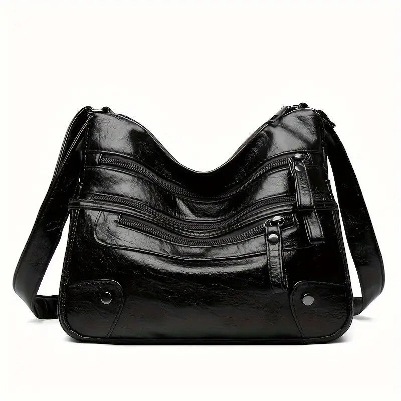 Women Shoulder Bag Large Capacity Washed Leather Messenger Bags Multi Zipper.