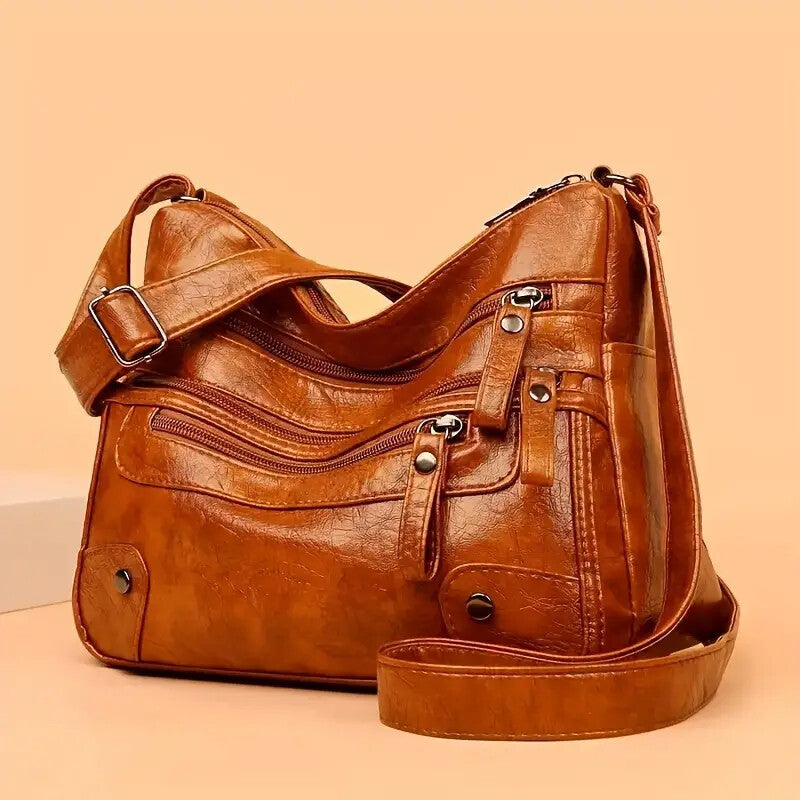Women Shoulder Bag Large Capacity Washed Leather Messenger Bags Multi Zipper.