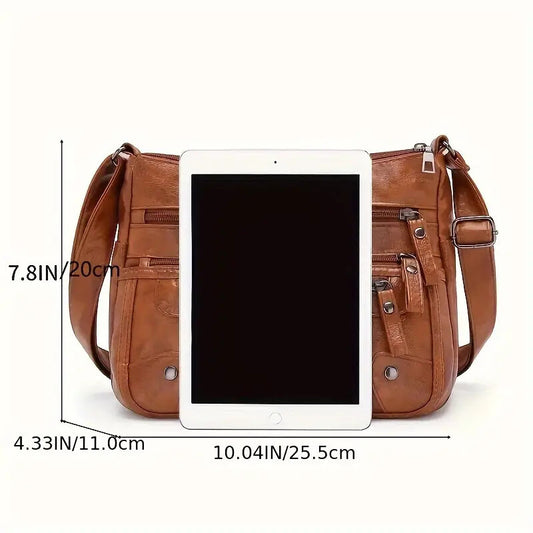 Women Shoulder Bag Large Capacity Washed Leather Messenger Bags Multi Zipper.
