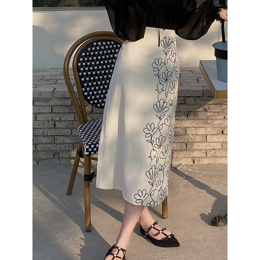 Spring Summer Sweet Flower Pattern Straight Skirt