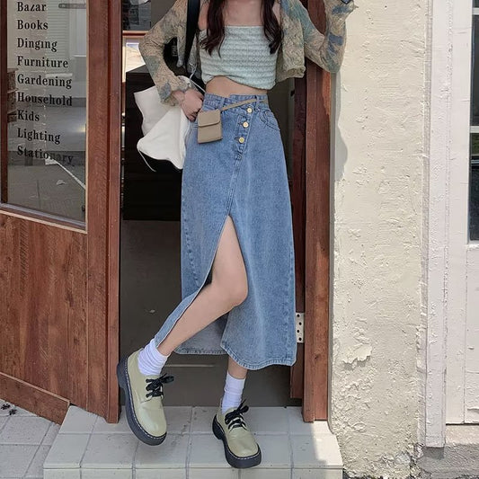 Summer New High Waist A- Line Mid-length Denim Skirt For Women